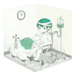  1boy aojiru_(yume_2kki) bandages barefoot bed expressionless full_body green_eyes hospital_bed indoors isometric lito_(24281122) looking_at_viewer male pajamas room sitting solo wheelchair yume_2kki 
