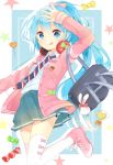  1girl :q arm_up bag blue_eyes blue_hair candy hatsune_miku headphones headphones_around_neck jimmy long_hair necktie ponytail project_diva_f skirt solo star thighhighs tongue very_long_hair vocaloid 