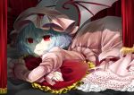  1girl bat_wings dress frilled_dress frills lavender_hair lips lying mob_cap on_stomach pillow pink_clothes red_eyes remilia_scarlet shade smile tanimo touhou wings 