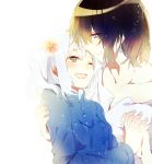  1boy 1girl black_hair blue_eyes couple earrings happy hetero highres holding_hands howl howl_no_ugoku_shiro interlocked_fingers jewelry lingmuzi long_hair smile sophie studio_ghibli white_hair 