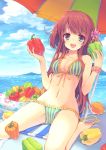  1girl :d ahoge barefoot beach beach_umbrella bikini blue_eyes blush breasts cleavage clouds cloudy_sky flower food frilled_bikini frills front-tie_top hair_flower hair_ornament long_hair looking_at_viewer navel ocean open_mouth original peppers redhead reia short_twintails side-tie_bikini sitting sky smile solo striped striped_bikini striped_swimsuit swimsuit twintails two_side_up untied untied_bikini vegetable vertical-striped_bikini vertical_stripes wariza water wristband 