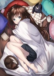  1girl alarm_clock barefoot blanket blue_eyes blush brown_hair cat clock kyon_(fuuran) long_hair looking_at_viewer lying on_side original pillow skirt smile solo stuffed_animal stuffed_toy 