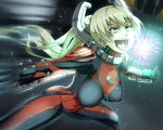  blonde_hair blue_eyes bodysuit breasts claws collar gloves large_breasts long_hair open_mouth ponytail shouting smile toire_komoru valkyrie_(warframe) warframe 