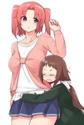  2girls :d blush brown_hair closed_eyes hug hug_from_behind long_hair mikakunin_de_shinkoukei mitsumine_mashiro multiple_girls nekoume open_mouth pink_hair school_uniform skirt sleeves_past_wrists smile tears twintails two_side_up violet_eyes wavy_mouth yonomori_kobeni 