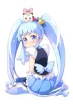  1girl blue_eyes blue_hair crown cure_princess happinesscharge_precure! jewelry long_hair looking_back magical_girl precure shirayuki_hime sitting skirt solo thighhighs tokunou_shoutarou twintails wariza wavy_mouth 