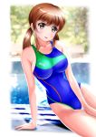  1girl brown_eyes brown_hair competition_swimsuit long_hair lying on_side one-piece_swimsuit original reiji-sss solo swimsuit twintails 