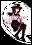  1girl black_hair hat highres mary_janes pantyhose red_eyes s-syogo shoes short_hair solo touhou usami_renko 