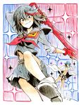  1boy 1girl k-mame kill_la_kill matoi_ryuuko midriff mikisugi_aikurou nudist_beach_uniform pencil_crayon_(medium) school_uniform scissor_blade senketsu serafuku short_hair skirt traditional_media weapon 