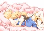  2girls alice_margatroid animal_ears black_dress blonde_hair blue_dress capelet cat_ears cat_tail closed_eyes dress hug intertwined_tails kemonomimi_mode kirisame_marisa lying lying_on_person multiple_girls non_(z-art) on_back on_stomach pillow puffy_sleeves sash short_sleeves tail thighhighs touhou white_legwear yuri zettai_ryouiki 