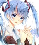  1girl 39 blue_eyes blue_hair bracelet detached_sleeves hands_clasped hatsune_miku jewelry long_hair nail_polish naoton necktie solo twintails vocaloid white_background 