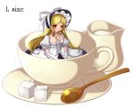  1girl :o adapted_costume apron blonde_hair bow breasts choker cleavage cream cup elbow_gloves gloves hat hat_ribbon highres in_container in_cup kakiikada kirisame_marisa light_smile long_hair looking_at_viewer older ribbon ribbon_choker saucer simple_background solo spoon sugar_cube teacup touhou waist_apron white_background witch_hat yellow_eyes 