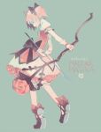  1girl arrow black_bow bloomers blue_background bow bow_(weapon) clea closed_eyes copyright_name dress flower gloves hair_bow holding_weapon juliet_sleeves kaname_madoka leaf legs long_sleeves mahou_shoujo_madoka_magica pink_hair puffy_sleeves rose shoe_bow shoes short_sleeves simple_background solo two_side_up underwear weapon white_gloves 