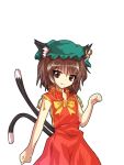  1girl :p adapted_costume alphes_(style) animal_ears bare_arms brown_eyes brown_hair cat_ears cat_tail chen earrings hat jewelry multiple_tails parody short_hair sleeveless style_parody tail tongue touhou transparent_background two_tails 