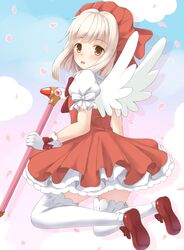  1girl blush bow brown_eyes cardcaptor_sakura cherry_blossoms clouds dress frilled_sleeves gloves hat hidamari_sketch highres holding kinomoto_sakura_(cosplay) nazuna open_mouth over-kneehighs petals shoes short_sleeves silhouette solo wand white_gloves white_hair white_legwear white_wings wings yosshii_(ropichan2) 