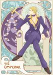  1boy ankh blonde_hair crossed_legs formal jojo_no_kimyou_na_bouken prosciutto sitting solo stand_(jojo) suit tarot tarutan the_grateful_dead_(stand) 