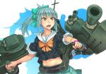  1girl and belly_peek blue_hair bow brown_eyes hair_bow kantai_collection navel personification ponytail school_uniform serafuku skirt solo weapon wristband yuubari_(kantai_collection) 