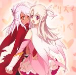  2girls cape dark_skin earrings fate/kaleid_liner_prisma_illya fate_(series) feathers hair_feathers hair_ornament hair_stick half_updo highres holding_hands illyasviel_von_einzbern interlocked_fingers jacket jewelry kuro_(fate/kaleid_liner) magical_girl maruko_(ting_04) multiple_girls navel open_mouth orange_eyes prisma_illya red_jacket silver_hair smile two_side_up violet_eyes white_hair 