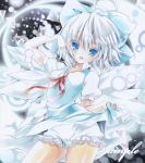  1girl ayuayu bloomers blue_dress blue_eyes bow cirno dress dress_lift hair_bow ice ice_wings looking_at_viewer marker_(medium) open_mouth puffy_sleeves shirt short_sleeves silver_hair smile solo touhou traditional_media underwear wings 