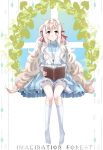  1girl blush book dress hair_ribbon jewelry kagerou_project key kneehighs kozakura_mary lenju long_hair looking_at_viewer necklace red_eyes ribbon silver_hair souzou_forest_(vocaloid) white_legwear 