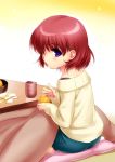 1girl amano_mishio casual cup food fruit kanon kotatsu orange redhead short_hair solo table tagme teacup violet_eyes zen 