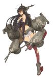  1girl bare_shoulders black_hair boots breasts cannon covering covering_breasts elbow_gloves fingerless_gloves full_body gloves hair_ornament hairband headgear kantai_collection long_hair mecha_musume midriff nagato_(kantai_collection) official_art personification red_legwear shizuma_yoshinori skirt solo thighhighs torn_clothes torn_shirt turret yellow_eyes 