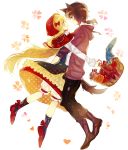  1boy 1girl animal_ears apple basket big_bad_wolf_(grimm) blonde_hair blue_eyes blush boots couple food fruit grimm&#039;s_fairy_tales hand_on_another&#039;s_cheek hand_on_another&#039;s_face heart hetero highres hood hug lingmuzi little_red_riding_hood little_red_riding_hood_(grimm) long_hair original ponytail smile very_long_hair wolf_ears 