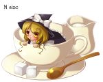  1girl :o blonde_hair braid cream cup hat hat_ribbon highres in_container in_cup kakiikada kirisame_marisa long_hair looking_at_viewer ribbon saucer simple_background single_braid solo spoon sugar_cube teacup touhou white_background witch_hat yellow_eyes 