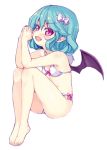  1girl alternate_costume barefoot bat_wings bikini blue_hair blush bow fang hair_bow looking_at_viewer minamura_haruki open_mouth pointy_ears red_eyes remilia_scarlet short_hair smile solo swimsuit touhou wings 