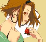  1girl :d bare_shoulders brown_eyes brown_hair earrings food fruit hairband jewelry k-on! listen!! open_mouth smile solo strawberry tacomi tainaka_ritsu 