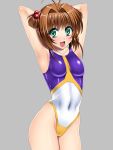  1girl adapted_costume ahoge anzu_(onelelee) arms_up brown_hair cardcaptor_sakura competition_swimsuit green_eyes gundam gundam_seed gundam_seed_destiny highres kinomoto_sakura meer_campbell meer_campbell_(cosplay) one-piece_swimsuit short_hair solo swimsuit twintails two_side_up 