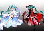  2girls black_legwear boots dress dual_persona elbow_gloves gloves green_eyes green_hair hatsune_miku high_heels long_hair multiple_girls nail_polish single_glove single_thighhigh thigh_boots thighhighs twintails very_long_hair vocaloid white_legwear 