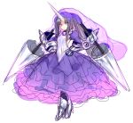  1girl black_hair blush cloyster dress frilled_dress frills gauntlets greaves hands_on_hips horn lance long_dress personification pokemon polearm purple_dress rough solo umitsuki veil violet_eyes weapon 