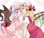  2girls animal_ears ascot bat_wings blonde_hair blush cat_ears cat_tail commentary_request dress_shirt flandre_scarlet hair_ribbon hammer_(sunset_beach) hat kemonomimi_mode looking_at_viewer multiple_girls red_eyes remilia_scarlet ribbon shirt short_hair siblings side_ponytail silver_hair sisters skirt skirt_around_one_leg tail touhou wings 