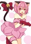  1girl animal_ears bare_shoulders bell blush breasts cat_ears cat_tail cleavage dress fang gloves kemonomimi_mode looking_at_viewer magical_girl marotti momomiya_ichigo open_mouth paw_pose pink_dress pink_eyes pink_hair red_gloves smile solo strapless_dress tail tail_bell tail_bow thigh_strap tokyo_mew_mew 
