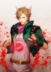  1boy blonde_hair bubble buririantsaitou caesar_anthonio_zeppeli facial_mark feathers fingerless_gloves gloves green_eyes green_jacket hair_feathers highres jojo_no_kimyou_na_bouken ribbon solo 