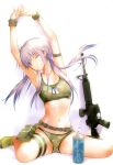  1girl absurdres armband arms_up assault_rifle bottle camouflage collarbone dog_tags fuyuno_haruaki gun highres long_hair low_twintails midriff navel purple_hair rifle scan sitting small_breasts solo sports_bra thigh_strap twintails violet_eyes wariza water_bottle weapon wink woodland_pattern wristband 