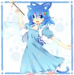  1girl animal_ears blue_eyes blue_hair breasts cat_ears cat_tail cleavage dress flower fuuen_(akagaminanoka) hair_flower hair_ornament hair_rings kaku_seiga kemonomimi_mode open_mouth short_hair solo tail touhou 