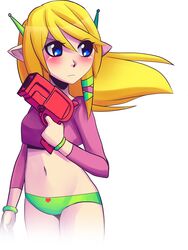  1girl blonde_hair blue_eyes blush bracelet crop_top cropped_legs curly_brace desorden_amplificado doukutsu_monogatari fusion green_panties gun highres jewelry long_hair navel panties pistol pointy_ears princess_zelda robot_ears skyward_sword solo the_legend_of_zelda underwear weapon 