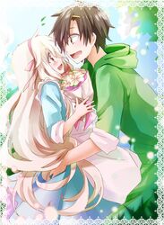  1boy 1girl black_hair bouquet dress flower hoodie hug kagerou_project kozakura_mary long_hair momomochi seto_kousuke short_hair smile 