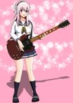  1girl absurdres blush breasts electric_guitar guitar headphones highres instrument large_breasts long_hair looking_at_viewer nitroplus open_mouth pink_eyes pink_hair plectrum sailor_dress school_uniform smile solo super_sonico 