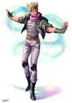  1boy blonde_hair caesar_anthonio_zeppeli facial_mark feathers fingerless_gloves gloves green_eyes green_jacket hair_feathers headband highres jojo_no_kimyou_na_bouken knee_pads kotatsu0803 outstretched_arms solo 