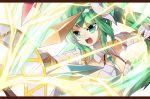  1girl armor artemis_(p&amp;d) bow_(weapon) breasts cleavage green_eyes green_hair koza letterboxed long_hair open_mouth ponytail puzzle_&amp;_dragons solo weapon 