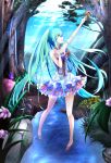  1girl aqua_hair arm_up butterfly dress flower hatsune_miku highres long_hair open_mouth reaching realdragon sky solo squirrel tree twintails very_long_hair vocaloid 