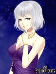  1girl bare_shoulders blue_eyes copyright_name dress jewelry lowres necklace official_art psychic_hearts short_hair silver_hair smile solo 