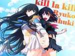  2girls black_hair blue_eyes dress epaulettes holding_hands junketsu kill_la_kill kiryuuin_satsuki levant. long_hair matoi_ryuuko midriff multicolored_hair multiple_girls open_mouth school_uniform senketsu serafuku short_hair skirt streaked_hair suspenders 