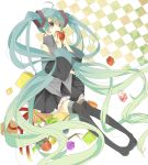  1girl ahoge apple blue_eyes boots detached_sleeves eating food fruit green_hair hatsune_miku highres long_hair mekune necktie skirt solo thigh_boots thighhighs twintails very_long_hair vocaloid 