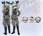  1girl anchovy boots character_sheet concept_art dress_shirt expressions girls_und_panzer grin hair_ribbon hand_on_hip jacket military military_uniform necktie official_art pants red_eyes ribbon riding_crop shirt silver_hair smile standing sugimoto_isao translated turnaround twintails uniform 