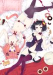  2girls animal_ears babydoll bare_shoulders bed_sheet bell black_hair bow bra braid breasts cake candy cat_ears cat_tail choker cleavage cookie cream_puff cup doughnut food frilled_bra frilled_panties frills glasses gloves hair_bell hair_bow hair_ornament knees_together_feet_apart large_breasts long_hair looking_at_viewer lying mirakuruone mound_of_venus multiple_girls navel on_back open_mouth original panties parted_lips pillow red_eyes redhead ribbon_choker rimless_glasses saucer short_hair small_breasts smile tail tareme tea teacup thigh_gap thighhighs twin_braids underwear violet_eyes wide_hips wristband 
