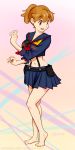  1girl alternate_hairstyle bare_legs barefoot breasts brown_eyes brown_hair candide cosplay kill_la_kill large_breasts mankanshoku_sukuyo midriff pleated_skirt senketsu short_ponytail skirt solo suspenders 