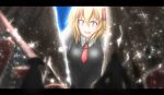  1girl blonde_hair destruction giantess hair_ribbon highres neva red_eyes ribbon rumia short_hair touhou 